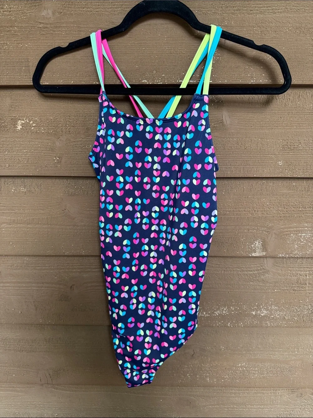 Lands' End Navy One-Piece Swimsuit with Neon Pink, Aqua & Yellow Hearts size 16+